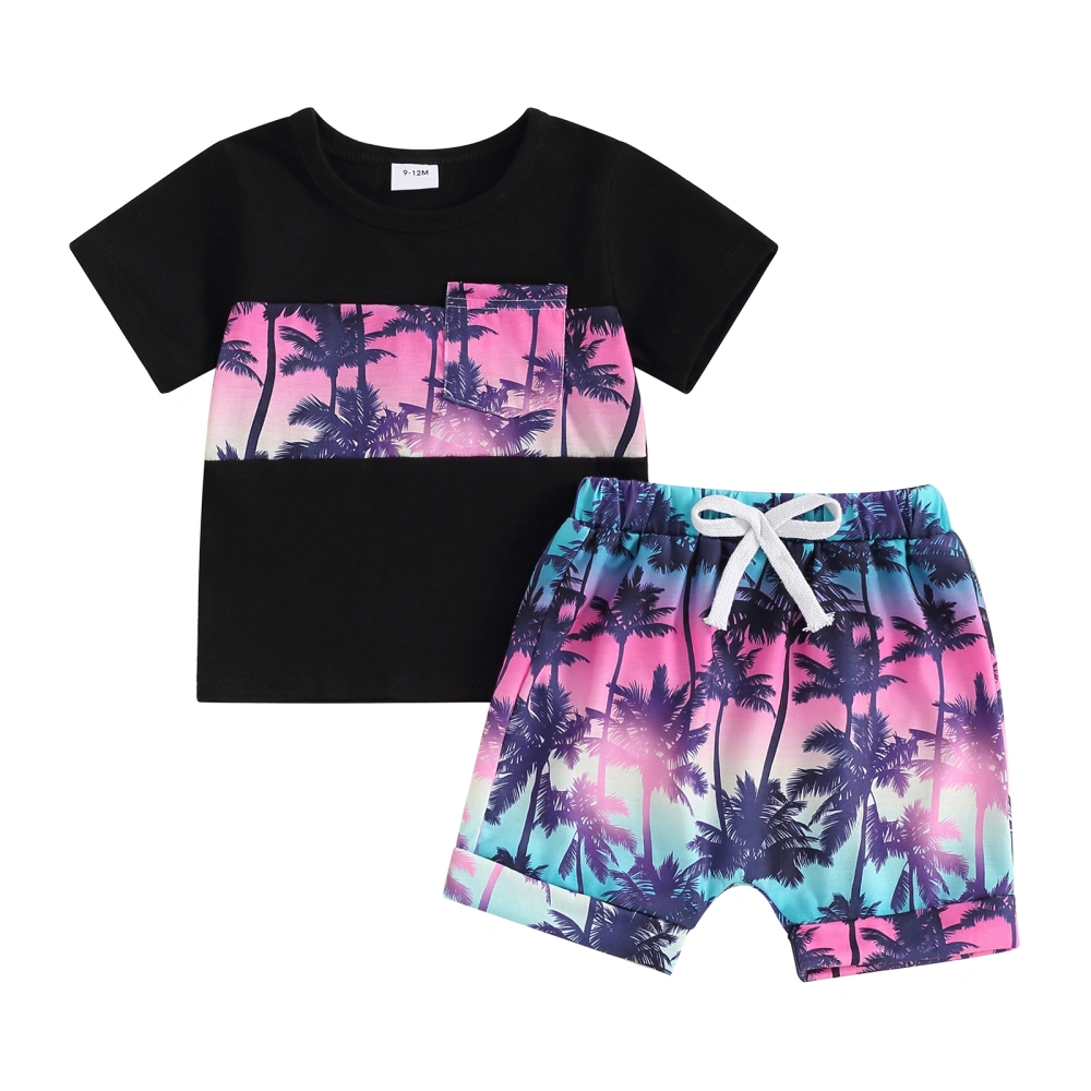 2Pcs Baby Boy Summer Outfit Leaf Print Patchwork Tops + Shorts Set