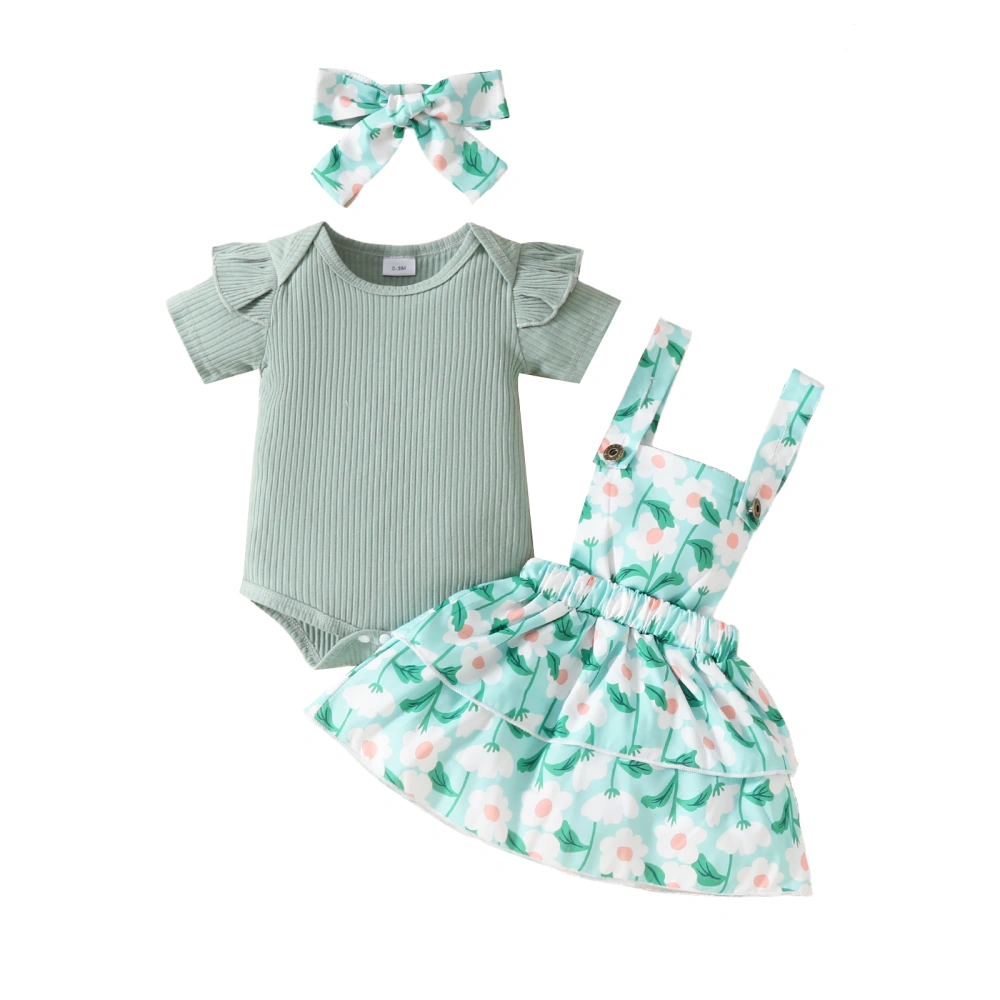 Baby Girls Summer Outfit Ribbed Rompers and Floral Skirt Headband