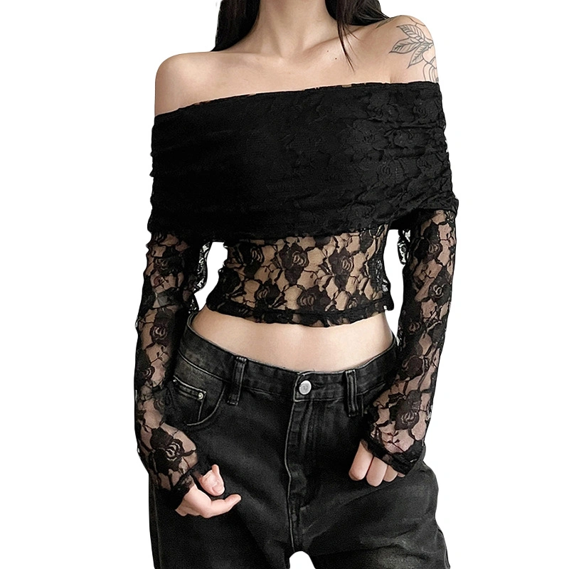 Women Lace Tops Sheer Mesh Boat Neck Off Shoulder T-Shirts Shirts