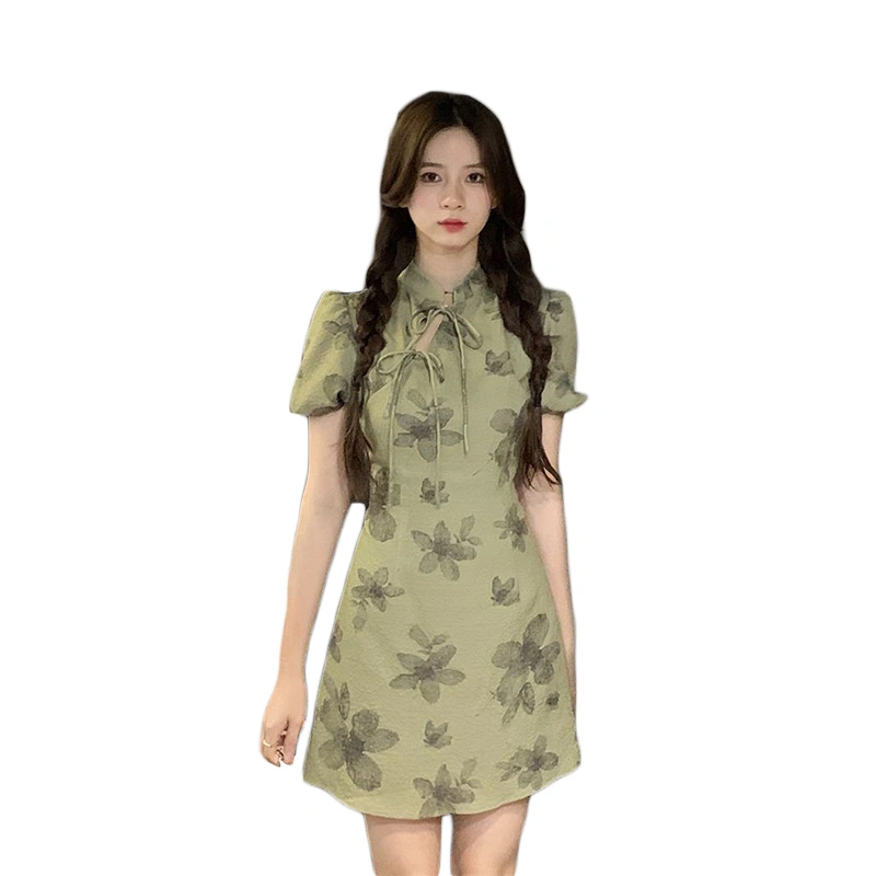 Women Cheongsam Dress Green Short Sleeve Mandarin Collar Floral Dress