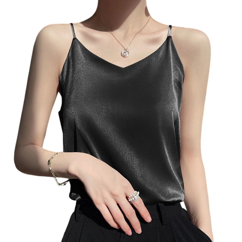 Women Satin Tank Tops Solid Color Sleeveless Low Cut Silky Camisole