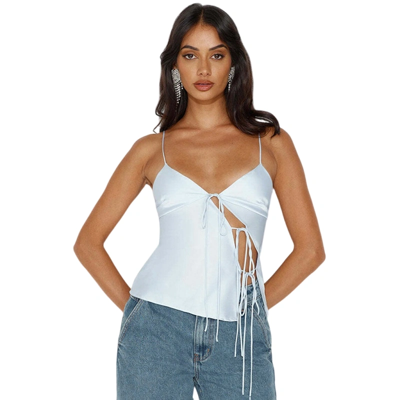 Women's Satin Slim Cami Tops Low Cut Vest Tie Front Camisole 