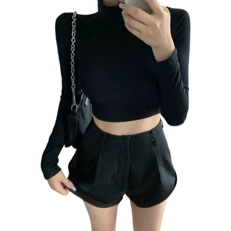 Women Slim Mock Neck Back Cross Solid Color Long Sleeve Crop T-Shirt 