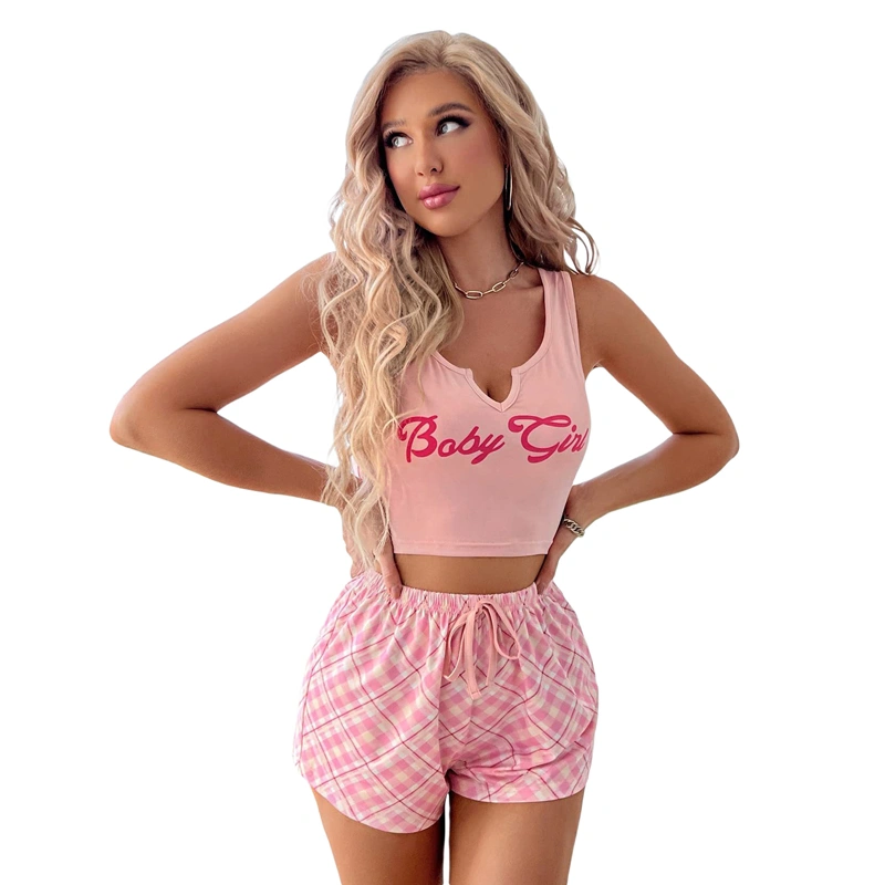 Women's Lounge Set, Letter Print V Neck Crop Tank Tops Plaid Shorts 