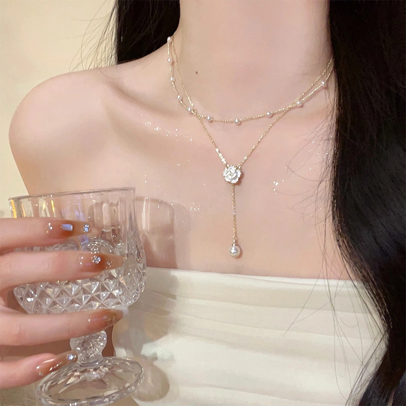 Double Layered Tassel Rose Pendant Necklaces Pearl Clavicle Chain