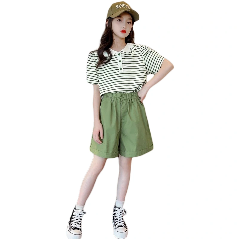 Girls Shorts Set, Short Sleeve Doll Collar Striped T-shirt with Shorts