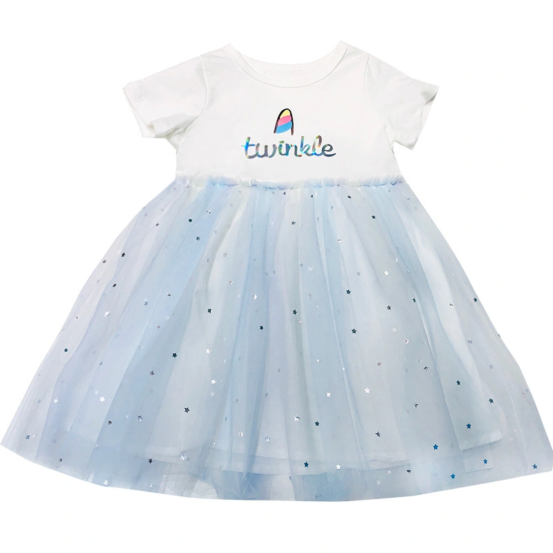 Kids Girls Tulle Dresses Letters Print Star Sequins Cute A-Line Dress