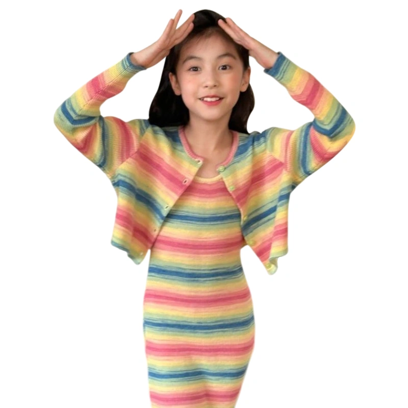 Baby Girls 2 Piece Outfits Rainbow Stripe Print Dress and Cardigan