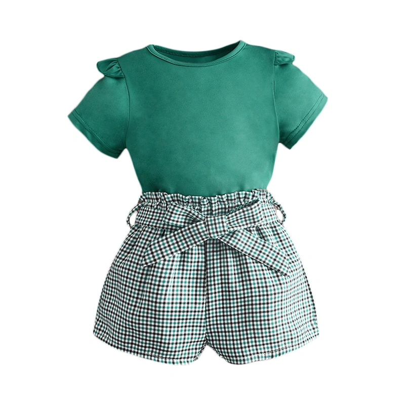 Girl Summer Shorts Set Solid Color Short Sleeve Tops Plaid Belt Shorts