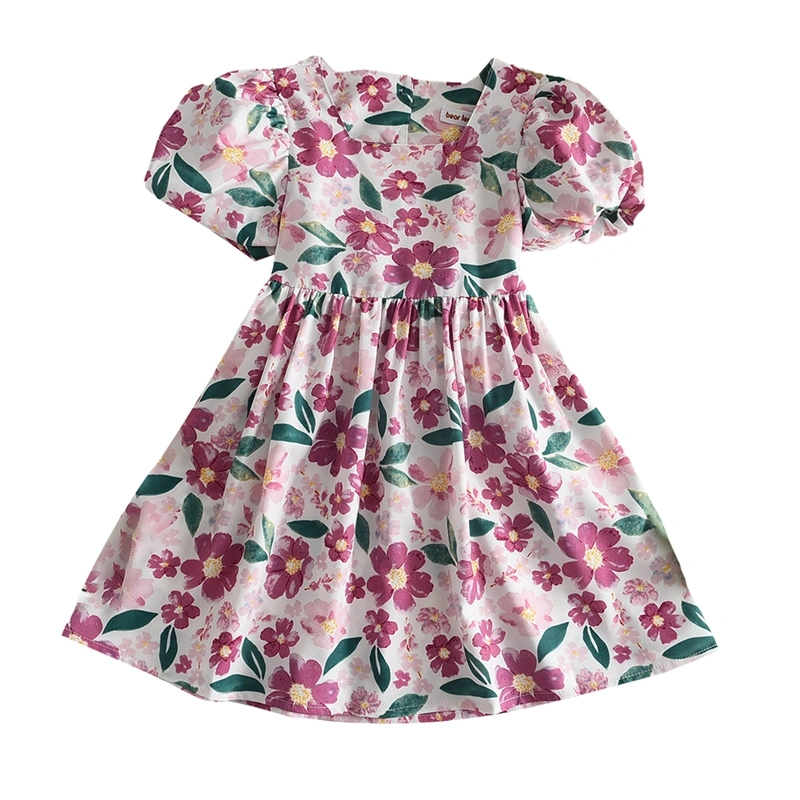 Girl’s Floral Dress, Short Sleeve Square Neck Tie-up A-line Dress