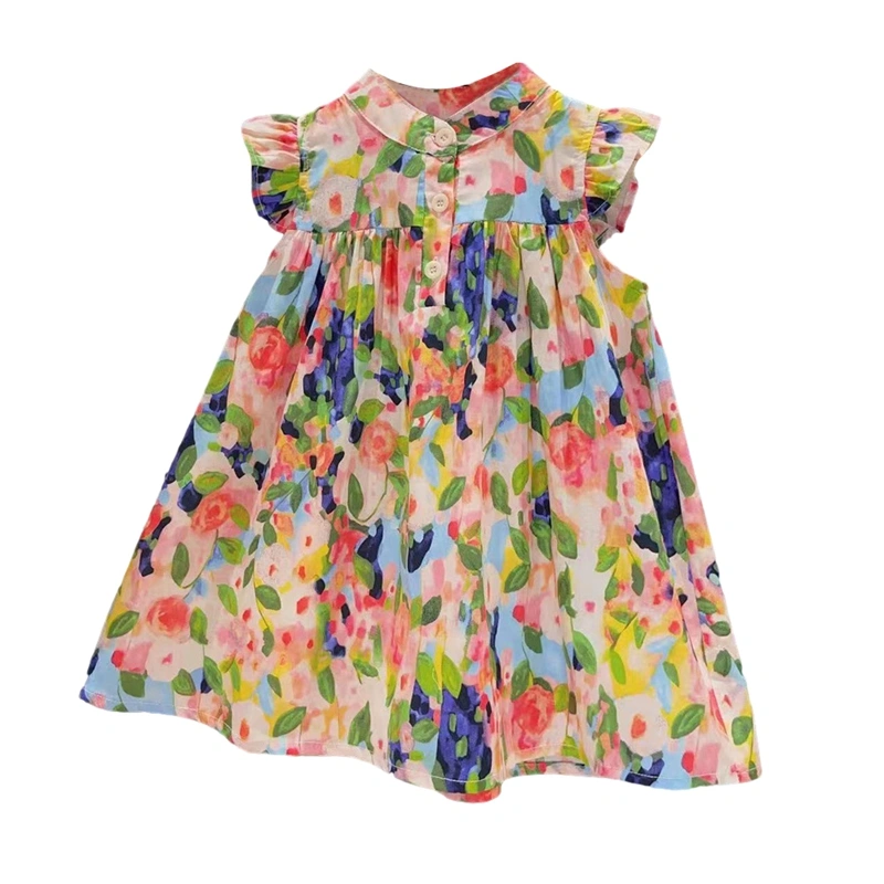 Girl Summer A-Line Dress Floral Leaf Print Flying Sleevs Swing Dress 