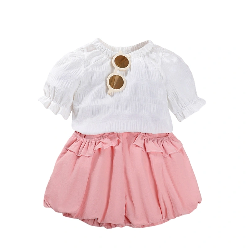 Toddler Girl Outfits Puff Sleeve Tops + Elastic Waist Shorts Set