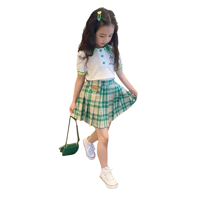 Girls 2Pcs Outfits Button Front Tops + Pleated Skirt Set Kid Clothes