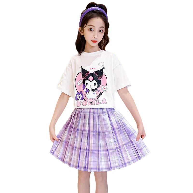 Girls Skirt Set, Short Sleeve Cartoon T-shirt with Plaid Pleated Skirt