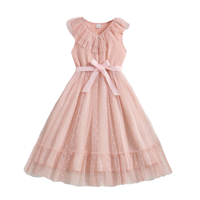 Kids Girls Dress Dot Pattern V-Neck Ruffles Casual Dress with Belt