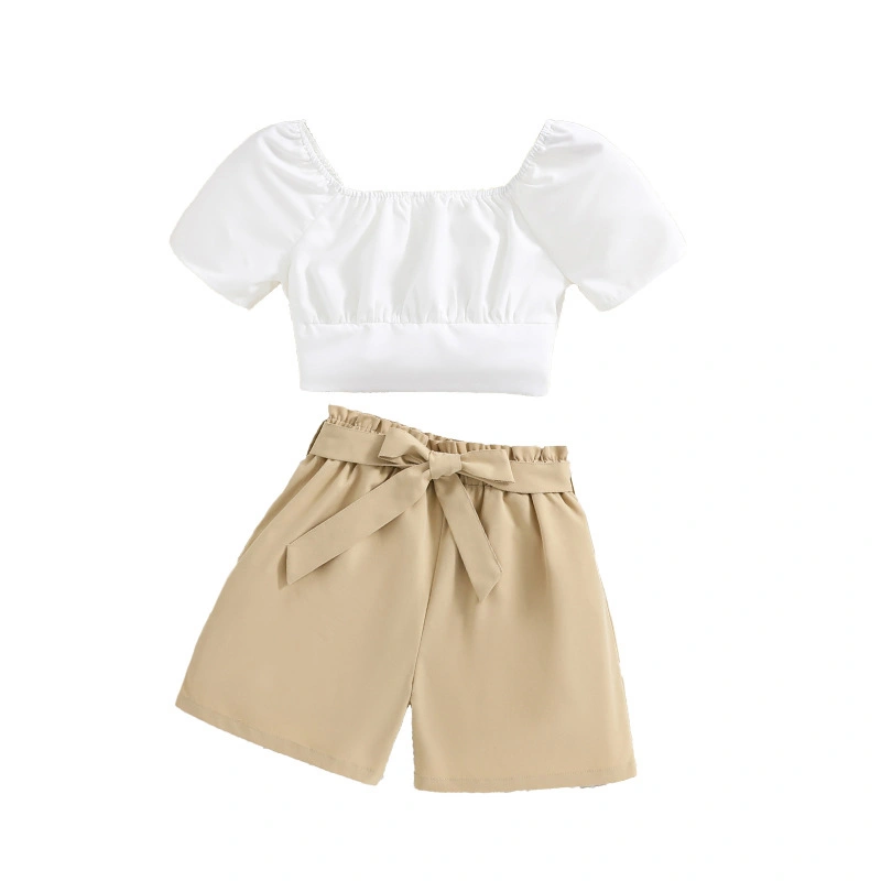 Little Girls Summer Outfit Solid Color Crop T-Shirt and Elastic Shorts