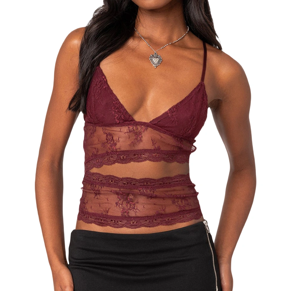 Women Lace Sheer Camisole V-Neck Spaghetti Strap Sheer Cutout Vest