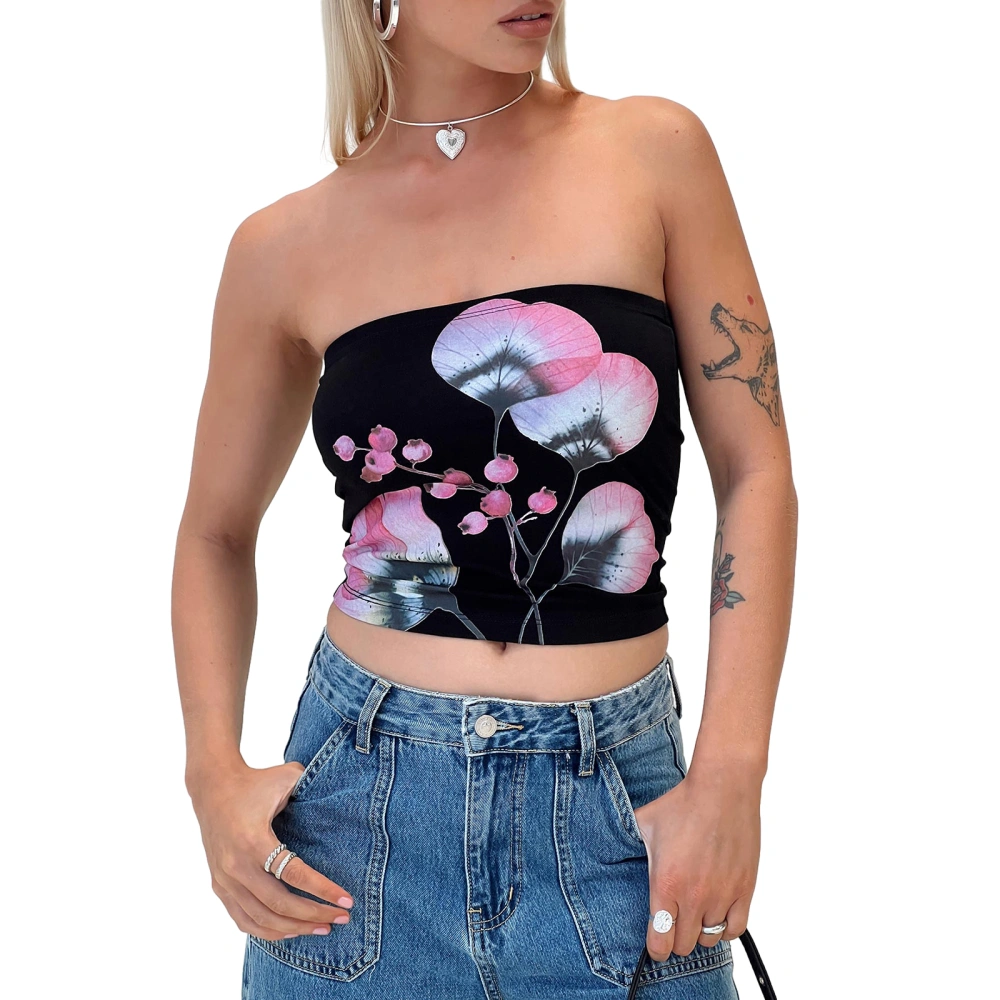 Women's Summer Slim Tube Tops Floral Pattern Bandeau Crop Vest