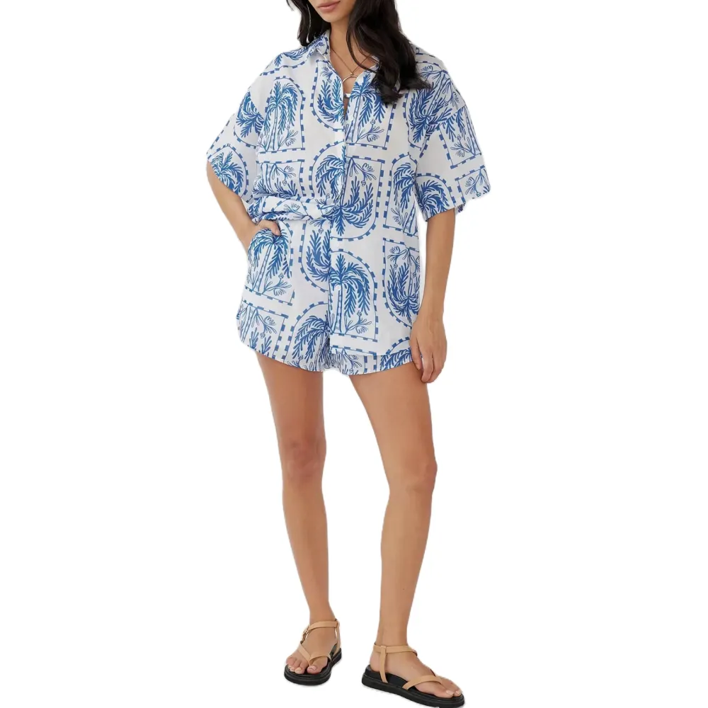 Women's Pajama Set, Tree Print Short Sleeve Tops Elastic Waist Shorts