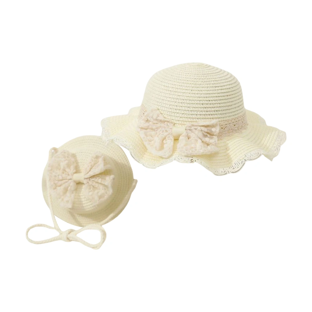 Girls Sun Hat Set, Bow Lace Trim Wide Brim Hat with Straw Beach Bag