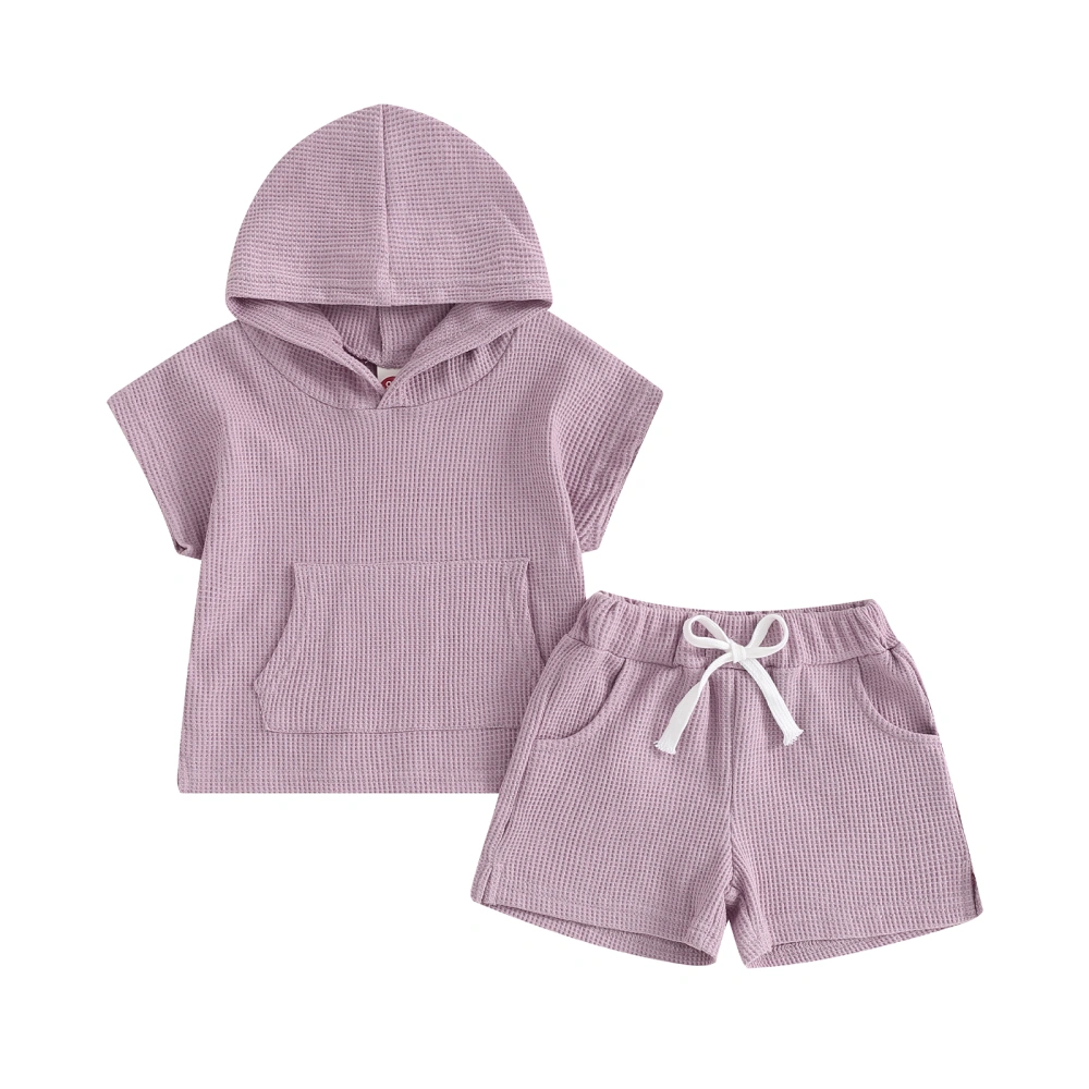 Little Girl Boy Waffle Set, Pocket Hooded Tank Tops Split Hem Shorts 