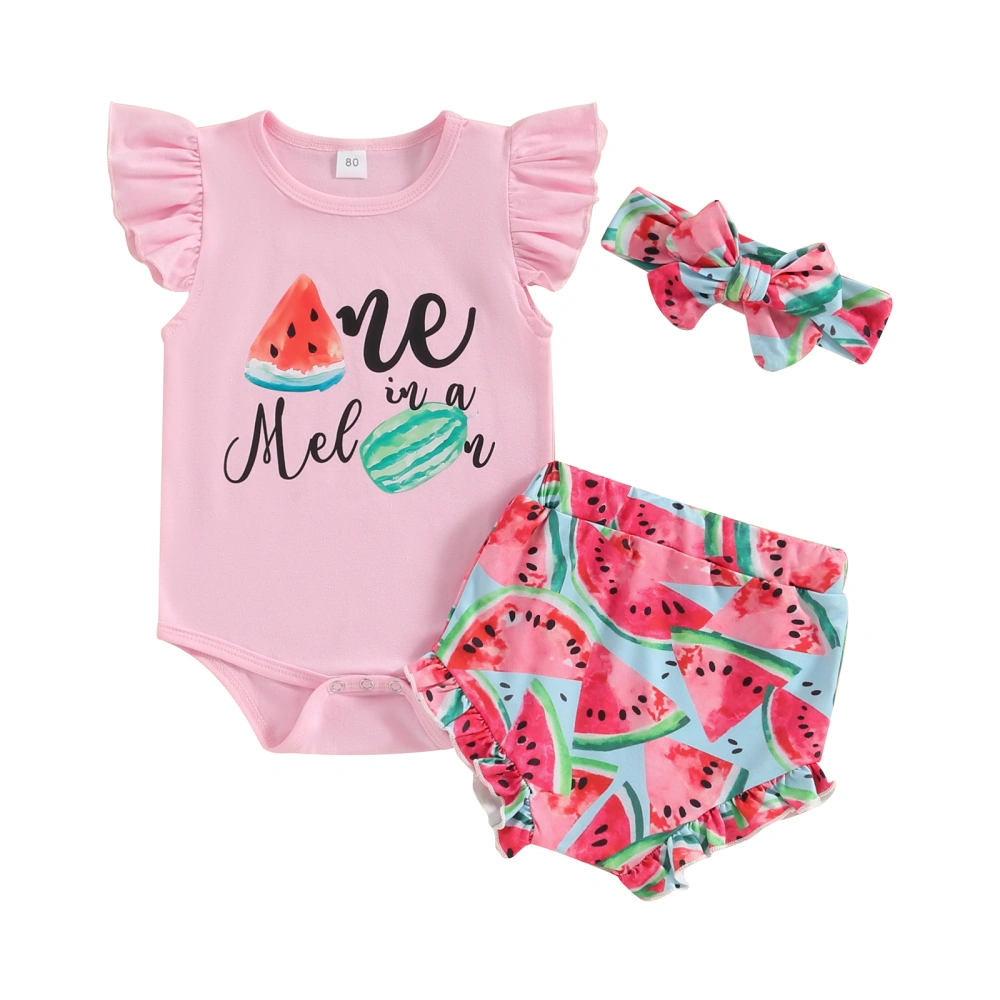 Baby Girl Set, Fly Sleeve Romper Watermelon Print Shorts Headband