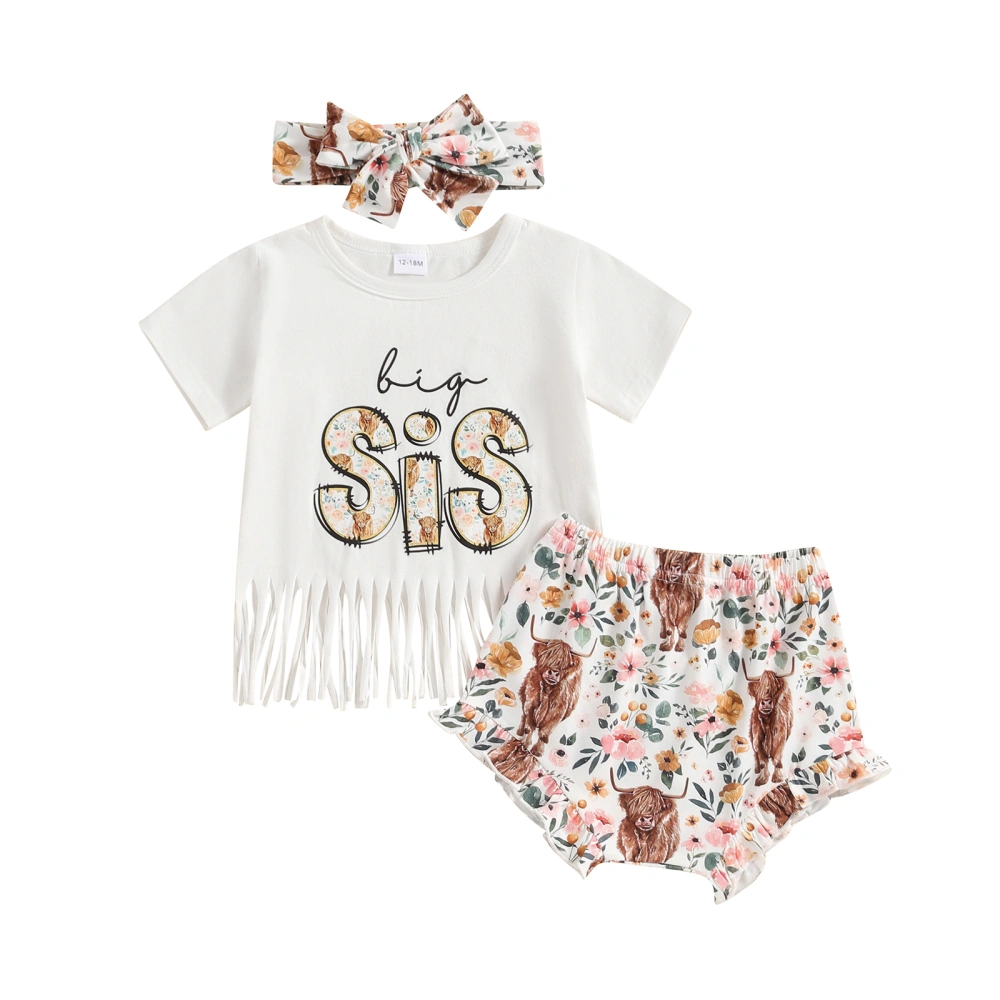 Girl Shorts Set Letter Tassel Tops Floral Cattle Print Shorts Headband