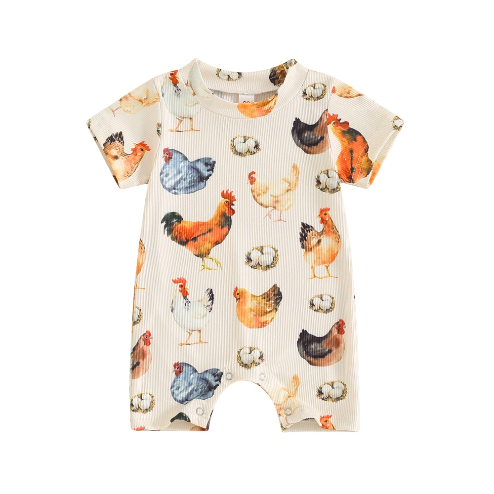 Baby Girls Boys Round Neck Short Sleeve Rooster Print Ribbed Romper