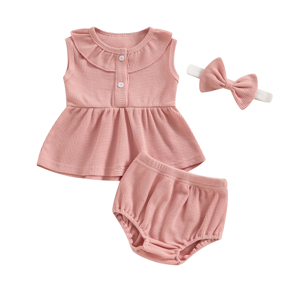 Baby Girls 3Pcs Summer Outfits Button Front Tops + Shorts + Headband