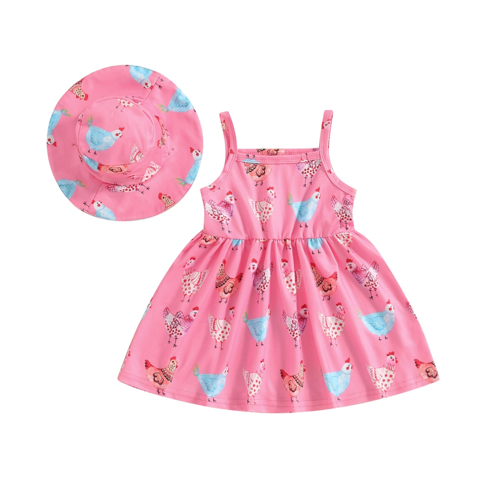 Girl Beach Dress Pink Sleeveless Chicken Print Cami Dress with Sun Hat