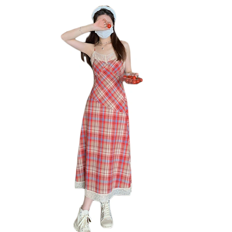 Women Cami Dress Plaid Lace Trim Sleeveless Long Dress A-line Dress