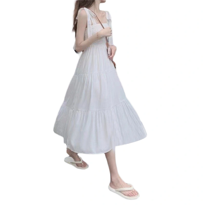 Women's Sleeveless Long Dress Solid Tie-up Shoulder Strap A-Line Dress