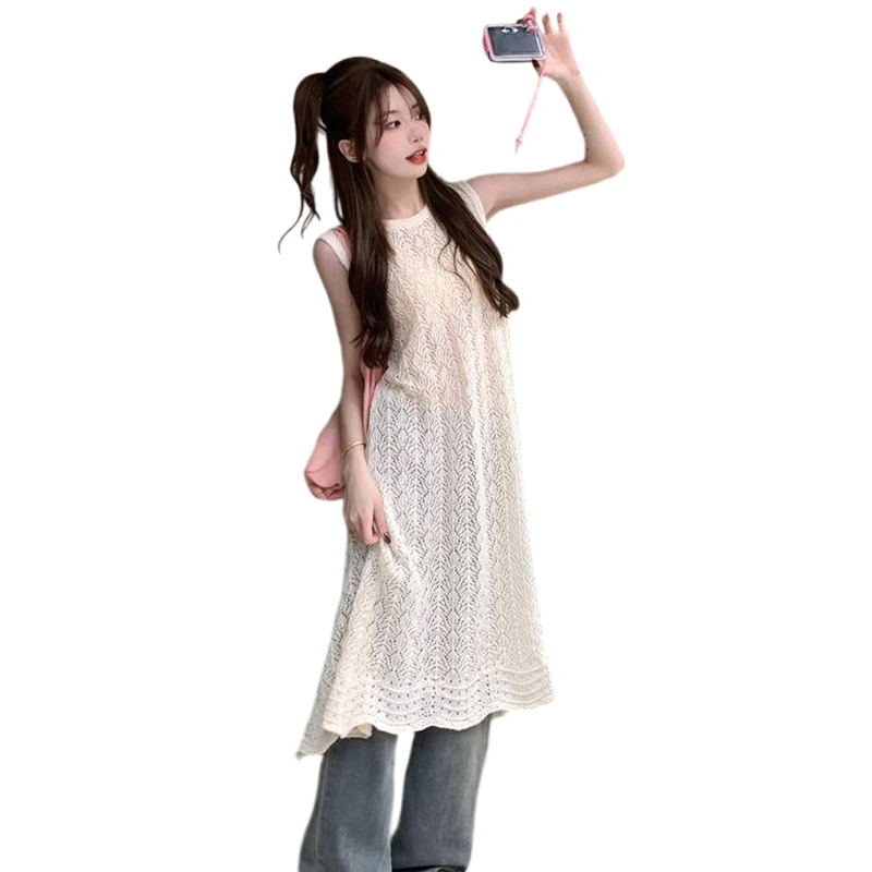 Women Knit Tank Dress Solid Color Eyelet Round Neck Sleeveless Dress