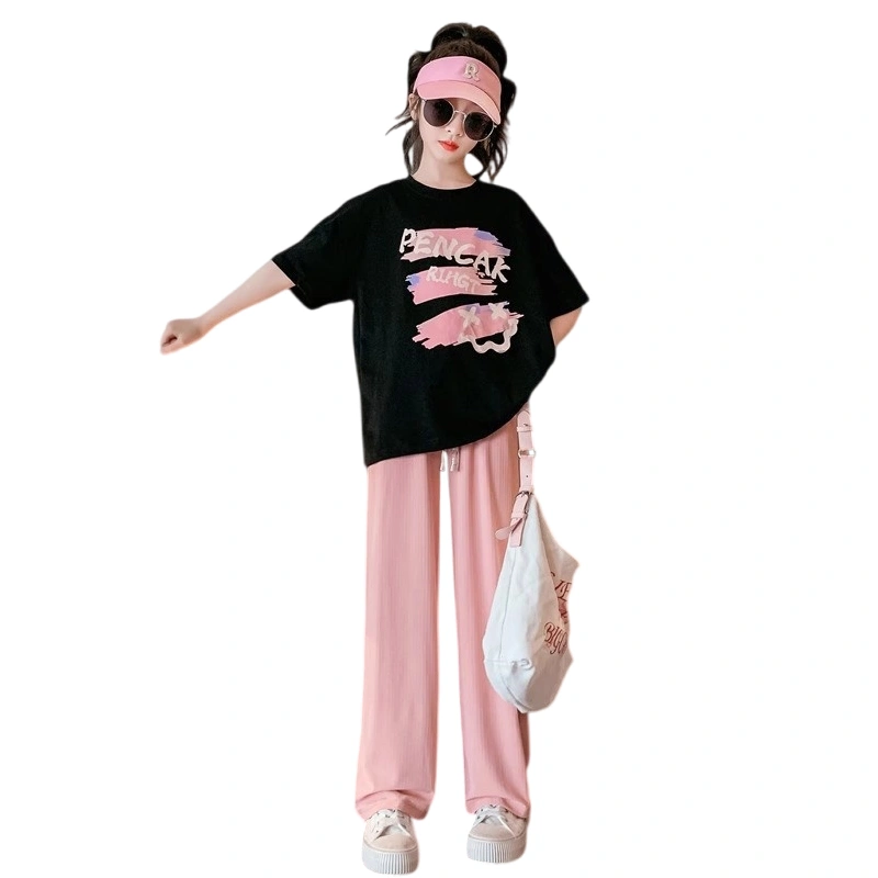 Kids Girl Summer Clothes Letter Print Loose T-Shirt and Wide Leg Pants