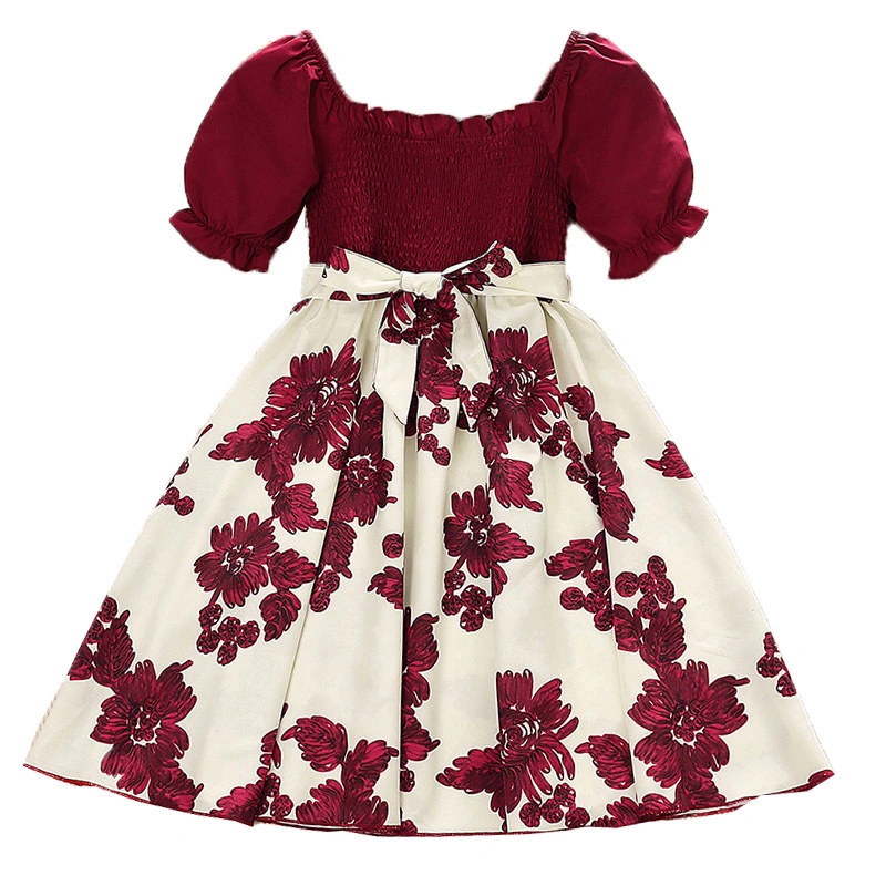 Little Girl's Shirred Puff Sleeve Floral Princess Dress with Belt