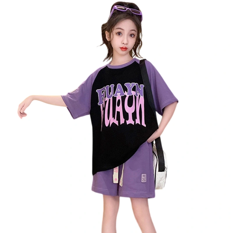 Girl Summer Set Letter Print Short Sleeve Tops with Drawstring Shorts 