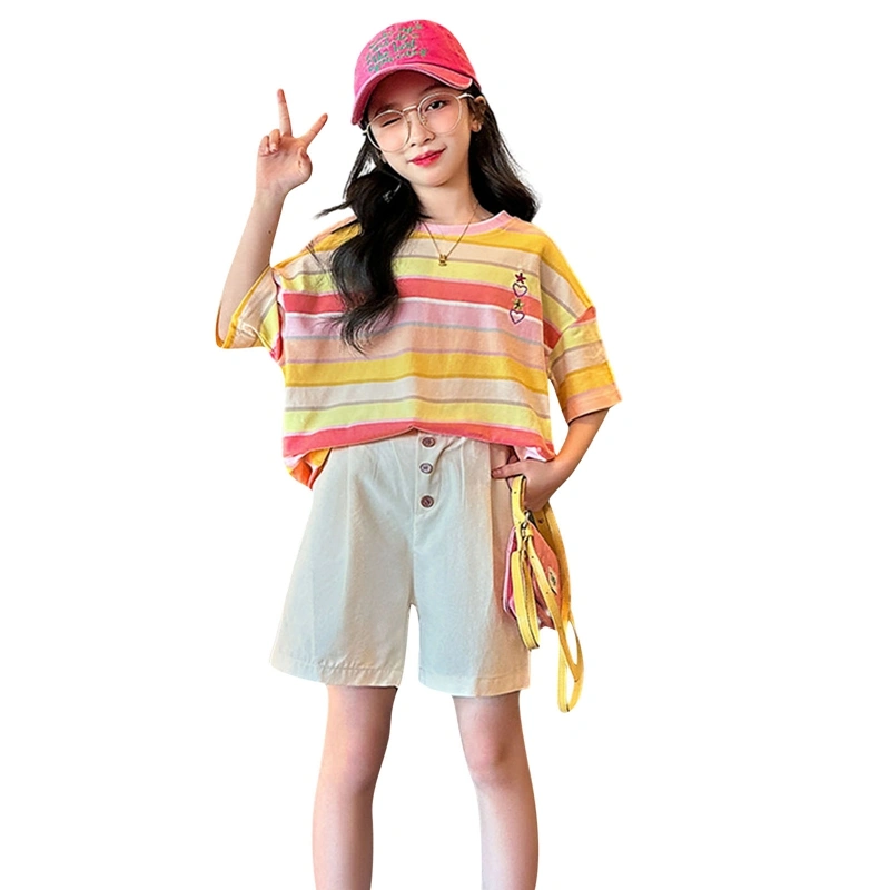 Girls Shorts Set, Striped Short Sleeve Crew Neck T-shirt with Shorts