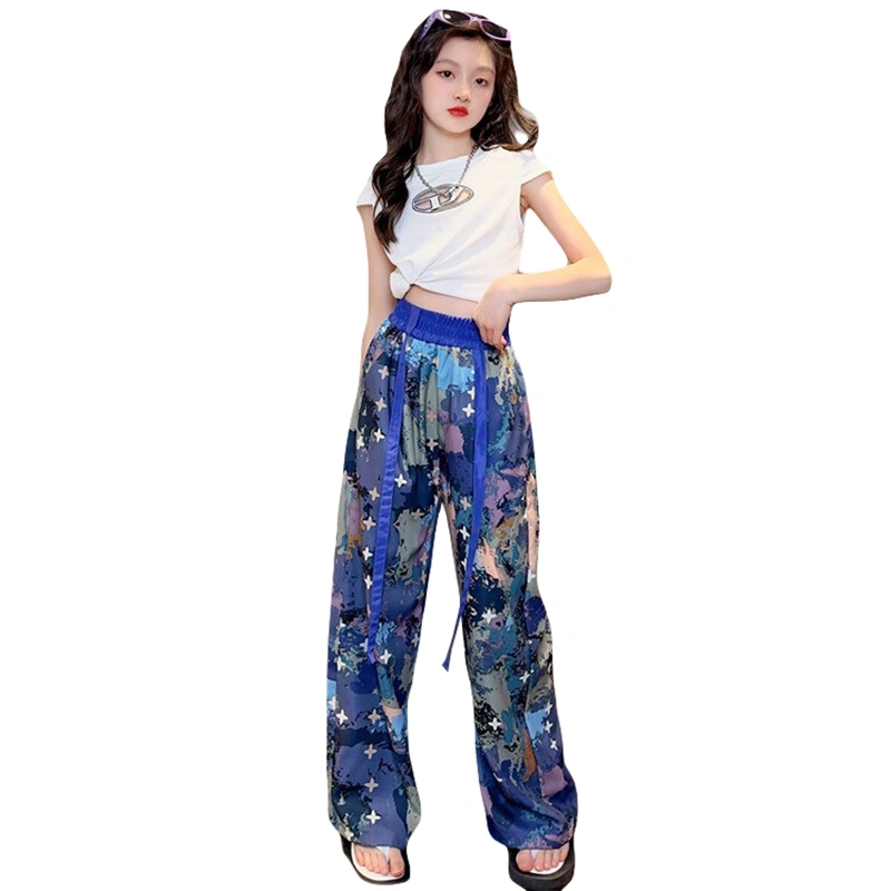 Girl Pants Set White Short Sleeve Knotted Tops Pattern Print Pants Set