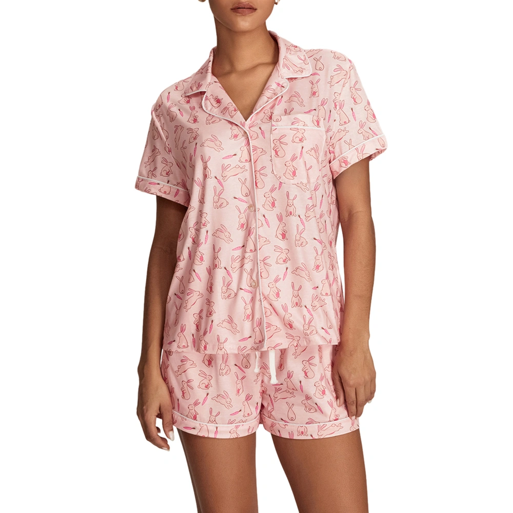 Women 2 Piece Pajama Set Bunny Print Button T-Shirt and Elastic Shorts