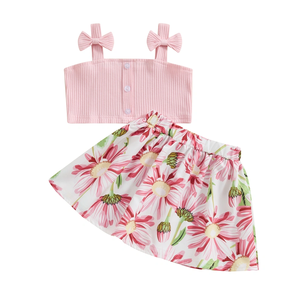 Toddler Girls Summer Outfits Button Front Tank Tops + Floral Skirt Set