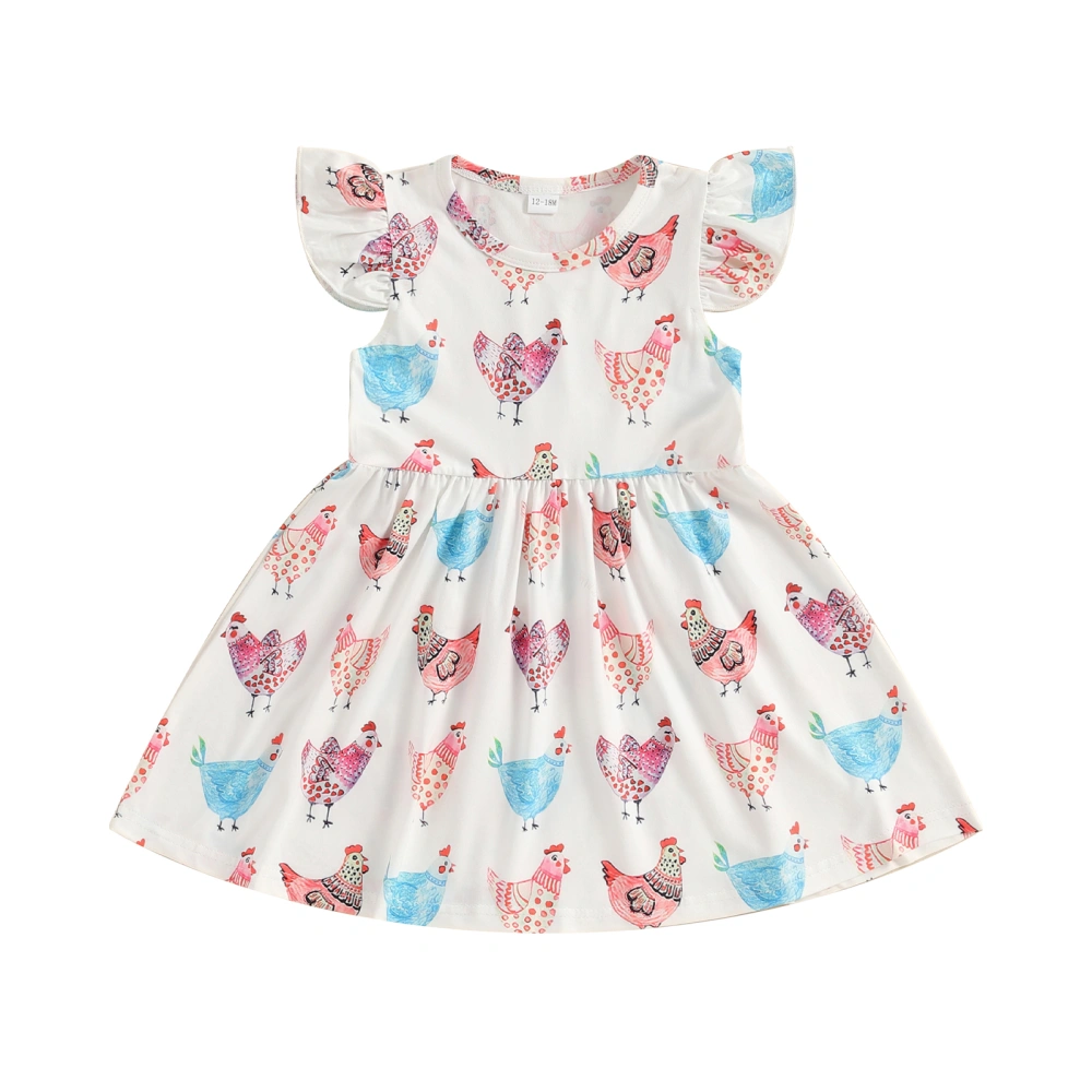 Little Girl's Dress Rooster Print Round Neck Fly Sleeve A-Line Dress 