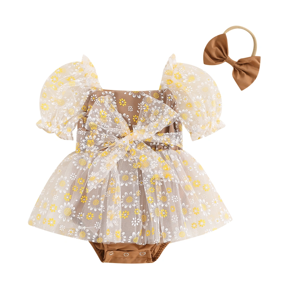 Baby Girl Summer Outfits Puff Sleeve Floral Romper Dress with Headband