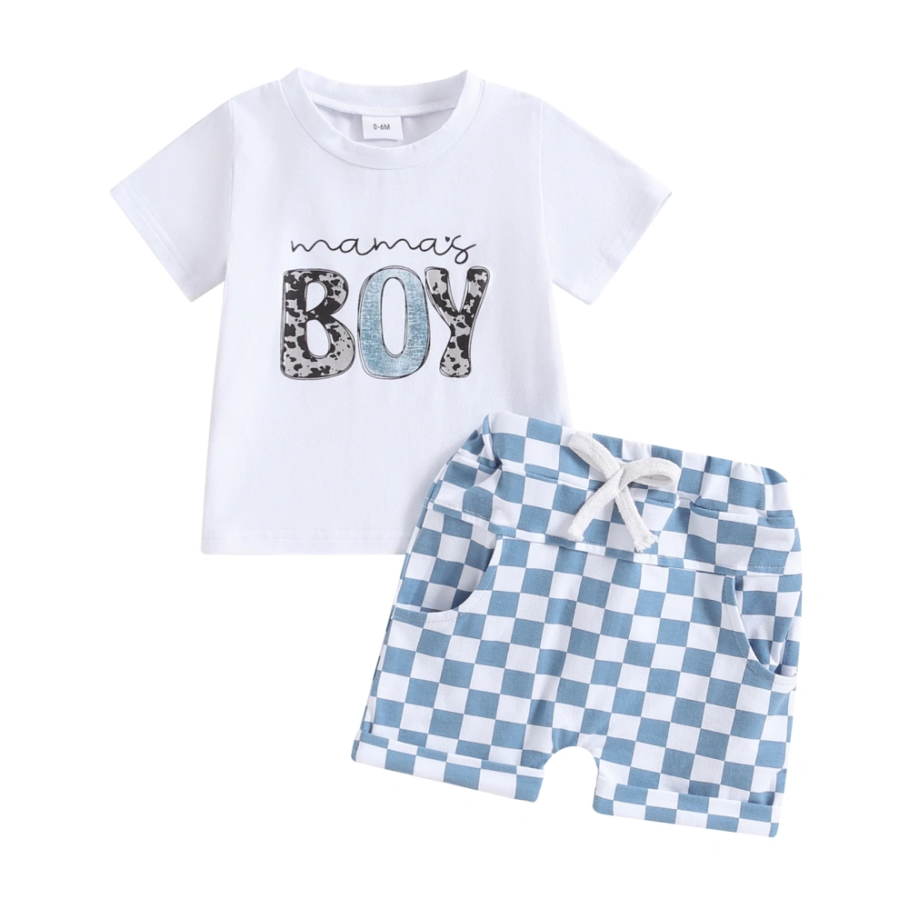 2Pcs Boy Summer Outfits Short Sleeve T-Shirt + Checkerboard Shorts Se