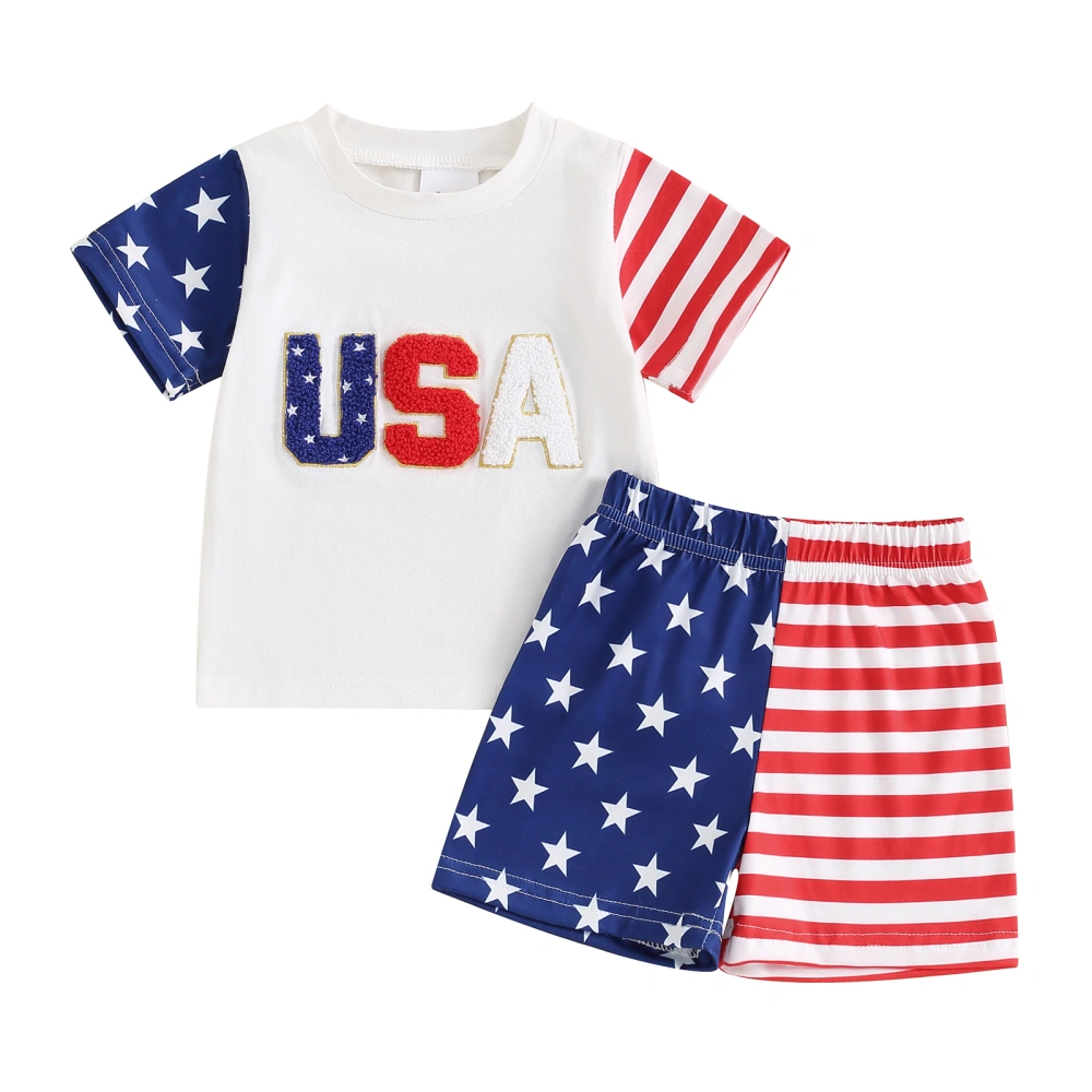 4th of July Toddler Boys Outfits Fuzzy Letter Embroidery Tops Shorts