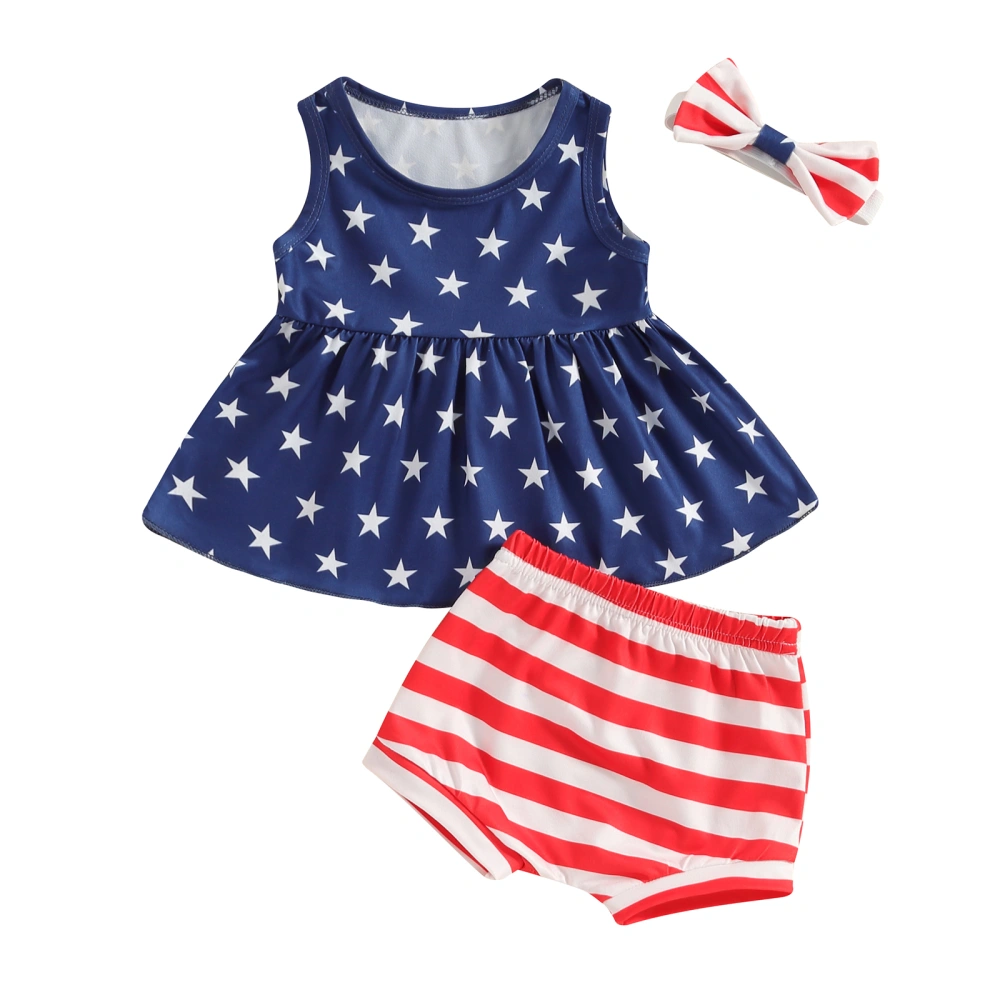 Baby Girl 4th of July Outfits Star Print Tank Tops + Shorts + Headband