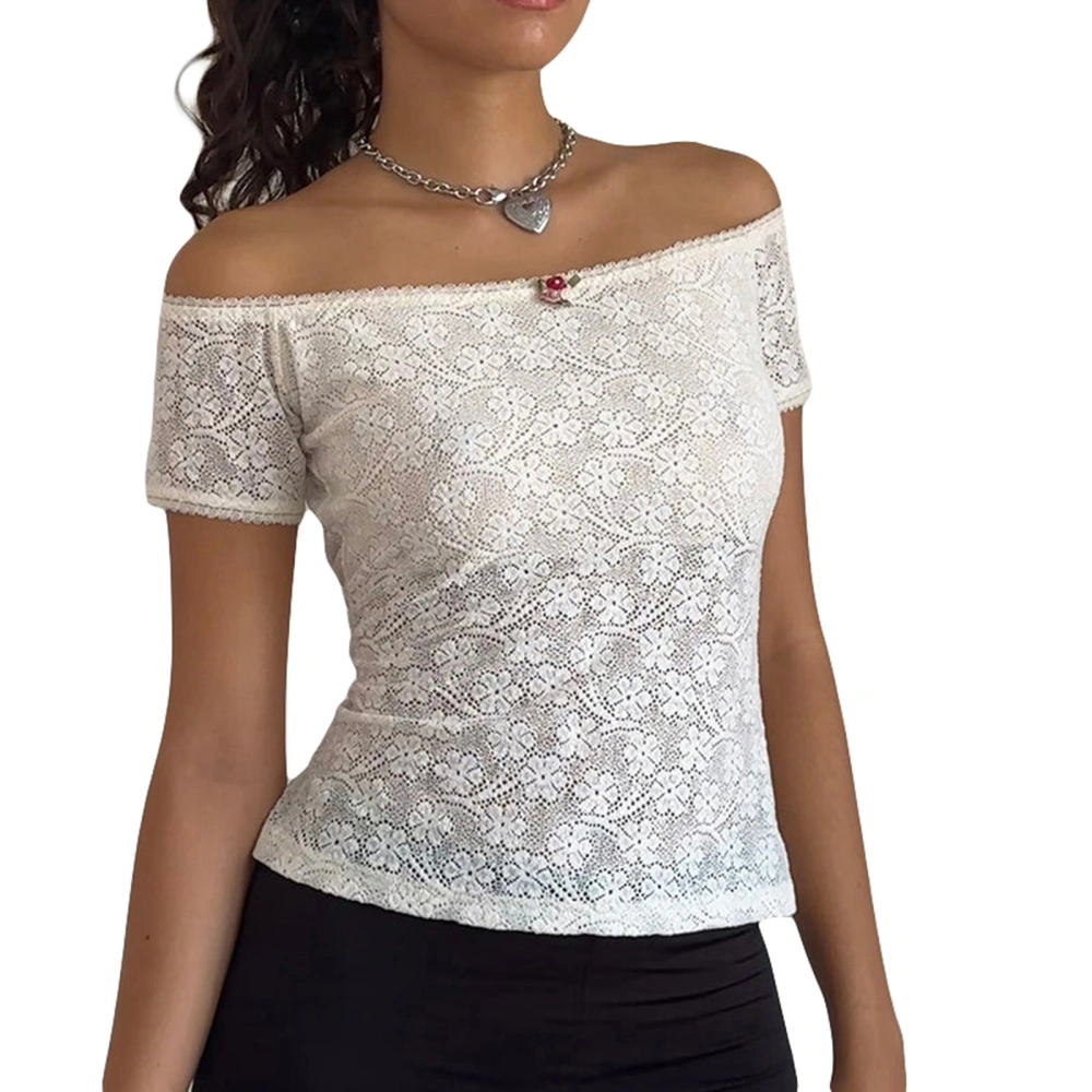 Women Lace T-Shirts Short Sleeve Boat Neck Off Shoulder Shirts Tops