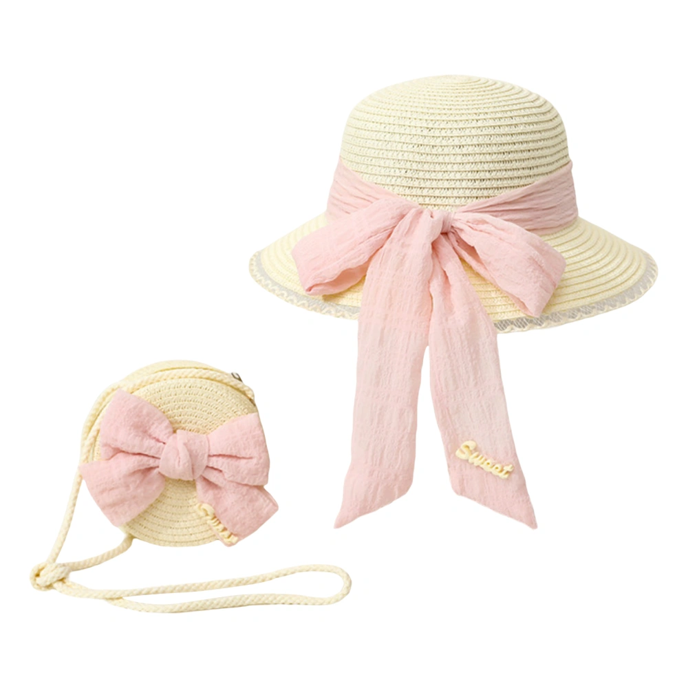 Girls Sun Hat with Straw Bag Set Large Brim Bow Beach Summer Sun Hat