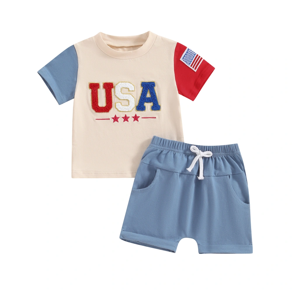 Boy 4th of July Shorts Sets Letter Embroidery Tops Solid Color Shorts