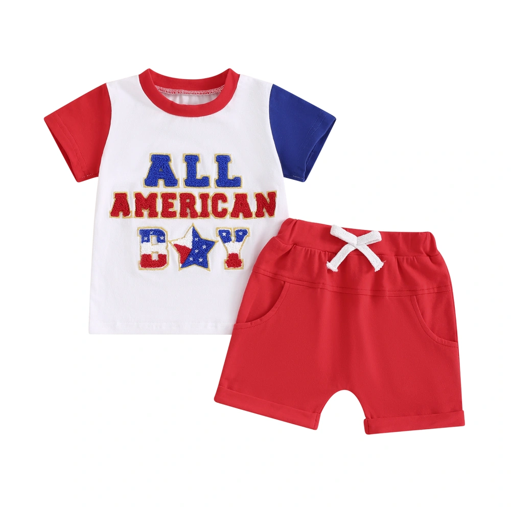 Boys 4th of July Shorts Sets Letter Embroidery Tops Red Shorts Sets