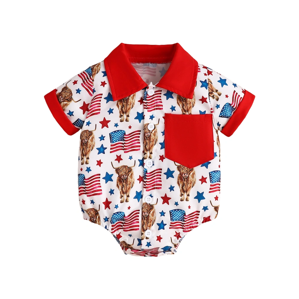 Boy 4th of July Jumpsuit Bull Print Short Sleeve Button Down Romper 